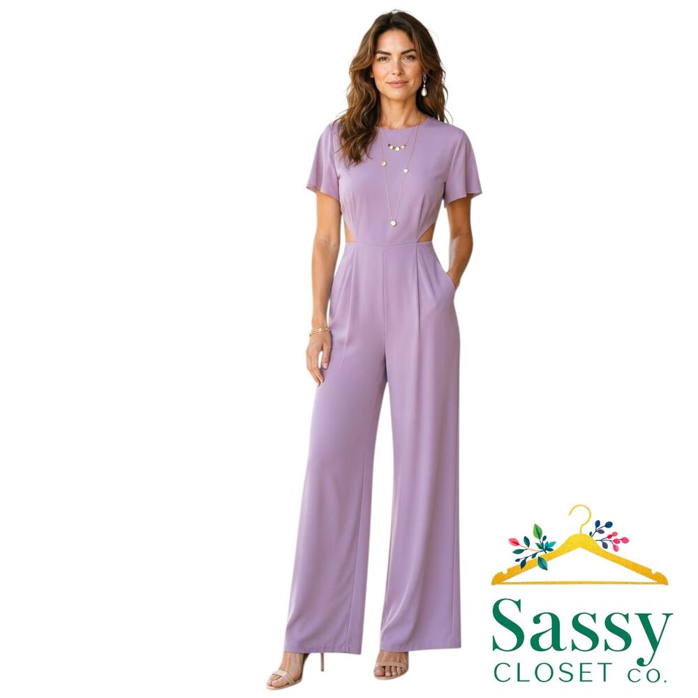 LULUS Lilac Lavender Cutout Jumpsuit S Wide Leg Flutter Sleeve Wedding Guest
